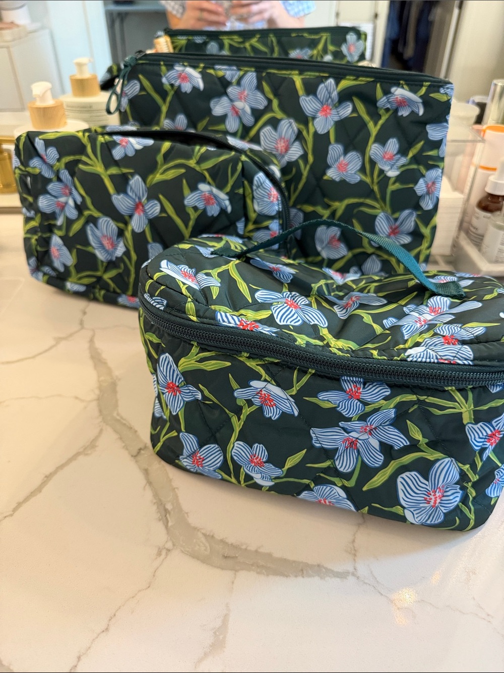 Vera Bradley Cosmetic Bag Set - Navy with Blue & Green Flower Print